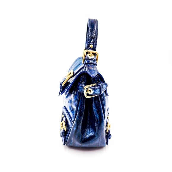 Dolce & Gabbana Blue Denim Print Patent Leather Designer Mind Shoulder Hand Bag - Picture 4 of 10
